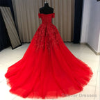 Red Gorgeous Sweetheart Off Shoulder Lace Applique Ball Gown Prom Dress, Red Evening Dress Party Dress