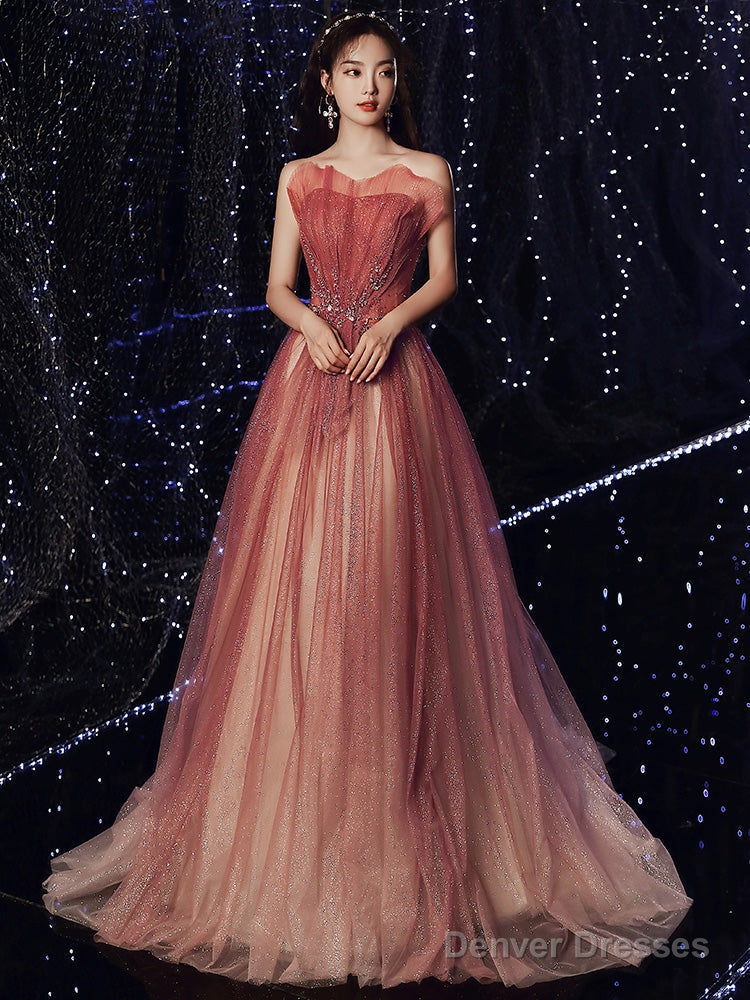Red Gradient Beaded Beautiful Shiny Tulle Prom Dress, Long A-Line Formal Dress Secondary image