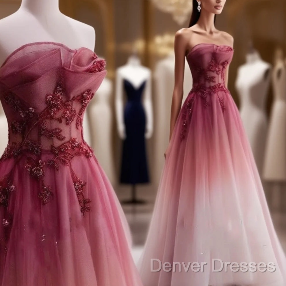 Red Gradient Prom Dress Vintage Strapless Red Wedding Dress Evening Dress