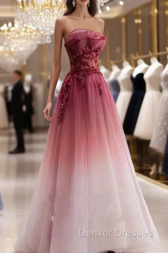 Red Gradient Prom Dress Vintage Wedding Dress Red Strapless Party Dress With Beaded Bridal Dress