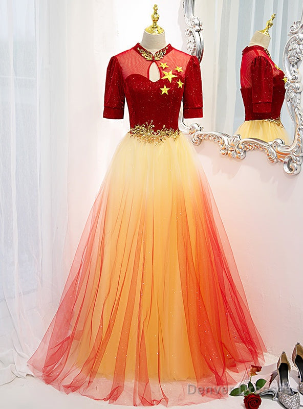 Red Gradient Tulle Short Sleeve Prom Dress Main image