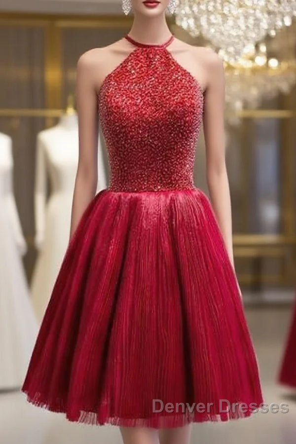 Red Halter Beaded Short Party Dress, Beaded And Sequined Party Dress, Homecoming Dress