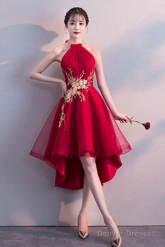 Red High Low Halter Stylish Formal Dress, Cute Party Dresses Secondary image