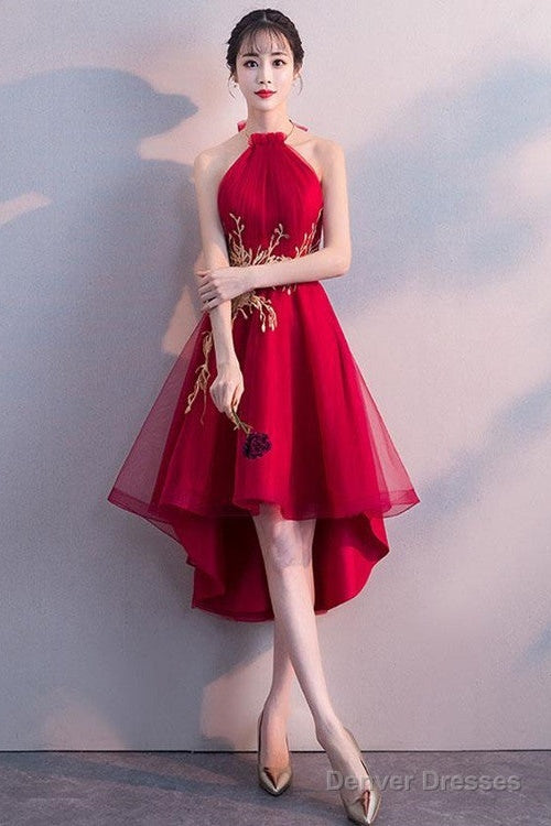 Red High Low Halter Stylish Formal Dress, Cute Party Dresses Main image