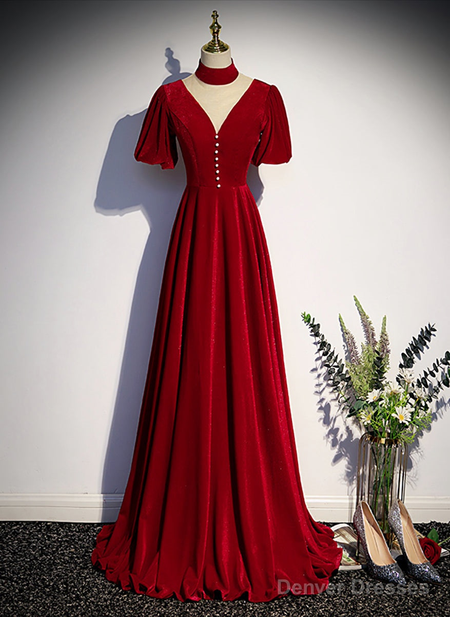 Red High Neckline Velvet Long Party Dress, Red Short Sleeves Velvet Prom Dress Secondary image