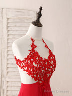 Red Hight Neck Chiffon Lace Applique Long Prom Dress, Red Formal Dress