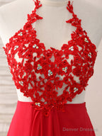 Red Hight Neck Chiffon Lace Applique Long Prom Dress, Red Formal Dress