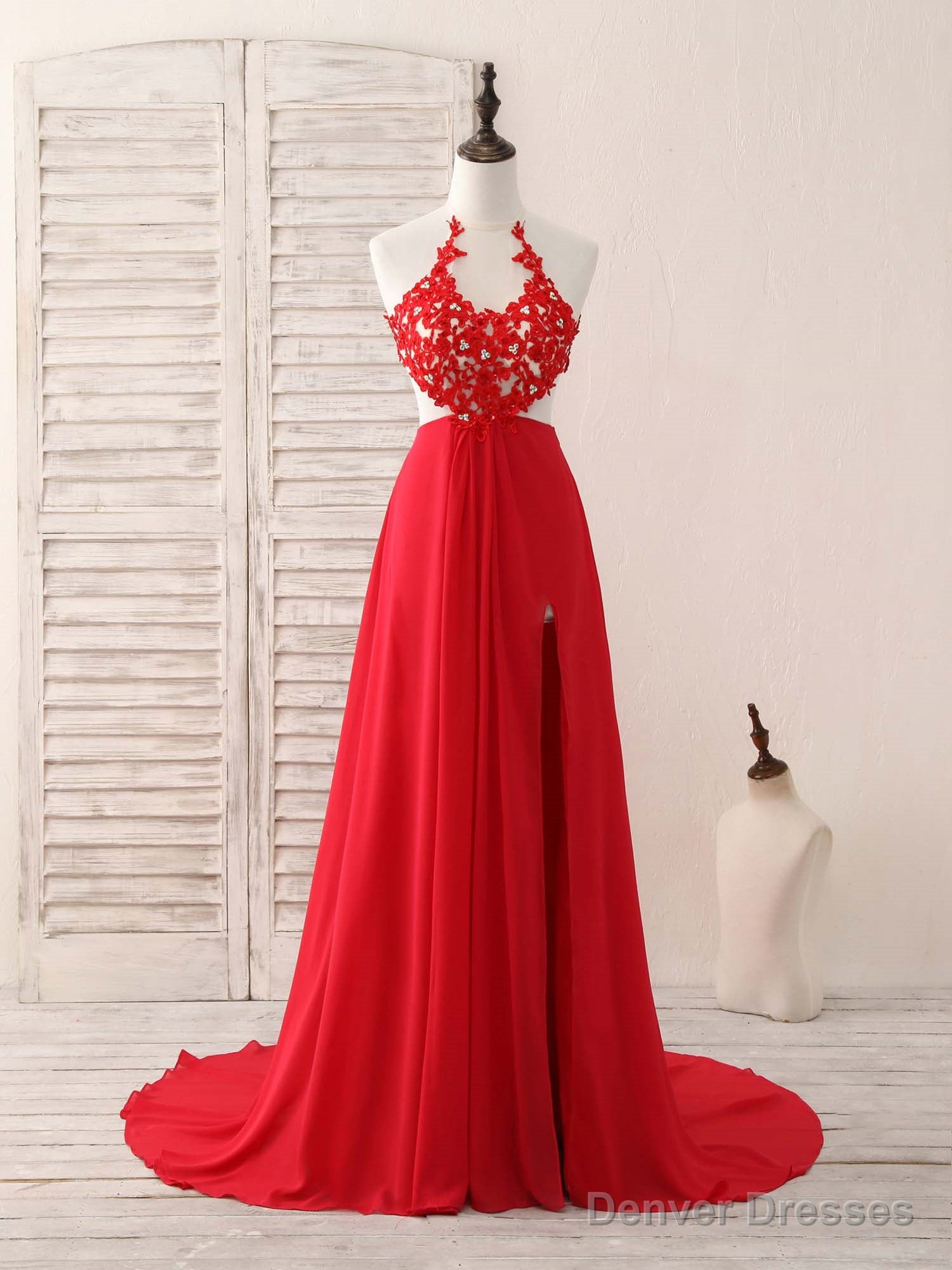 Red Hight Neck Chiffon Lace Applique Long Prom Dress, Red Formal Dress Main image