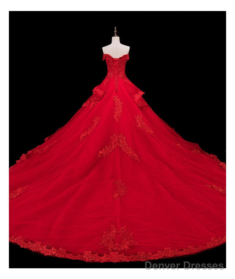Red Lace and Tulle Gorgeous Off Shoulder Princess Sweet 16 Dress, Red Formal Gown
