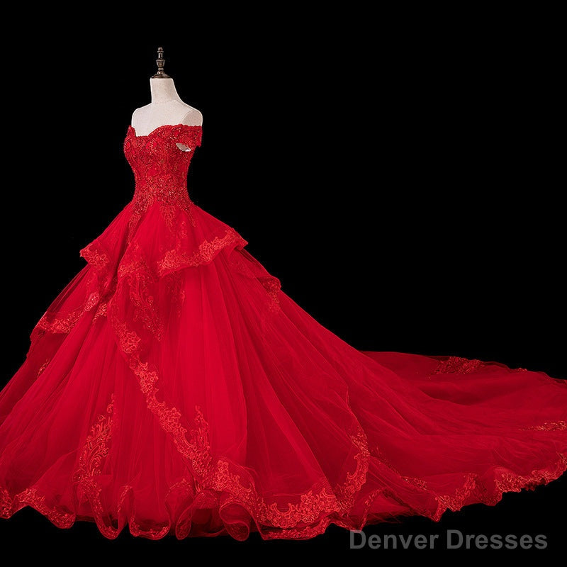 Red Lace and Tulle Gorgeous Off Shoulder Princess Sweet 16 Dress, Red Formal Gown Main image