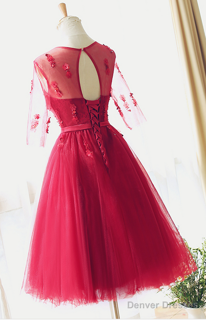 Red Lace Bridesmaid Dress Half Sleeves Lace Prom Dress Party Dress Tea length Main image
