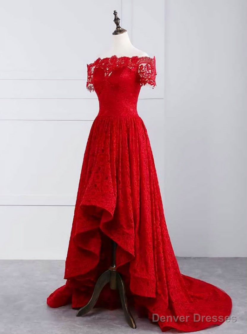 Red Lace  Off The Shoulder Short Sleeve Prom Dress Main image
