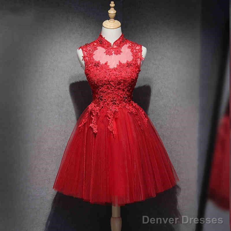 Red Lace High Neckline Tulle Short Homecoming Dress Party Dress, Red Formal Dresses Main image