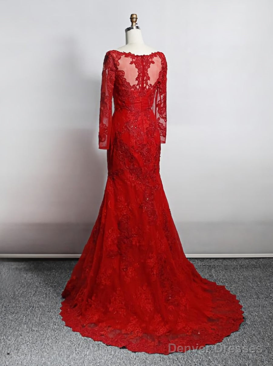 Red Lace Mermaid Long Sleeves Evening Gown, Red Lace Wedding Party Dress Secondary image