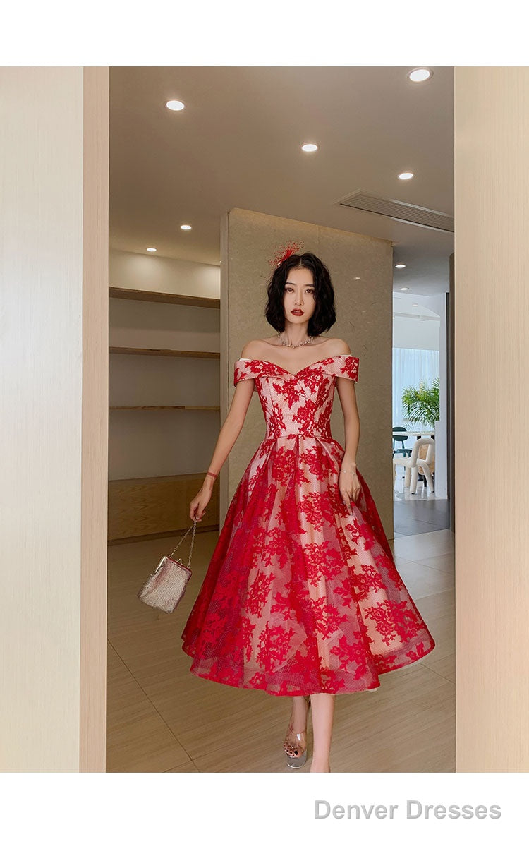 Red Lace Off Shoulder Tea Length Bridesmaid Dress, Lace Party Dress Prom Dress Secondary image