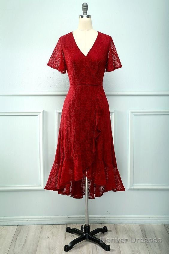 Red Lace Party Dress , Charming Short Homecoming Dresses Main image