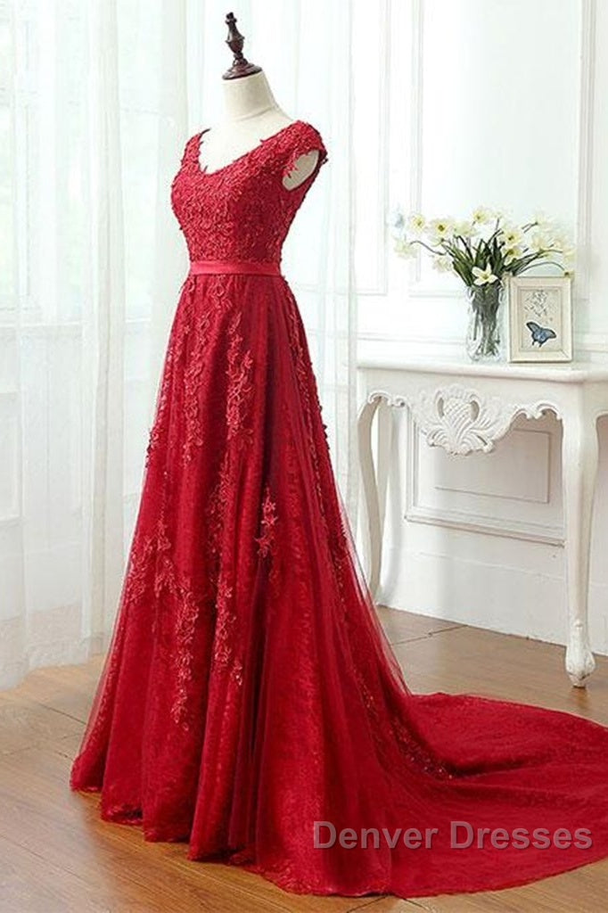 Red Lace Prom Dress Cap Sleeves Formal Dress, Evening Dress, Dance Dress