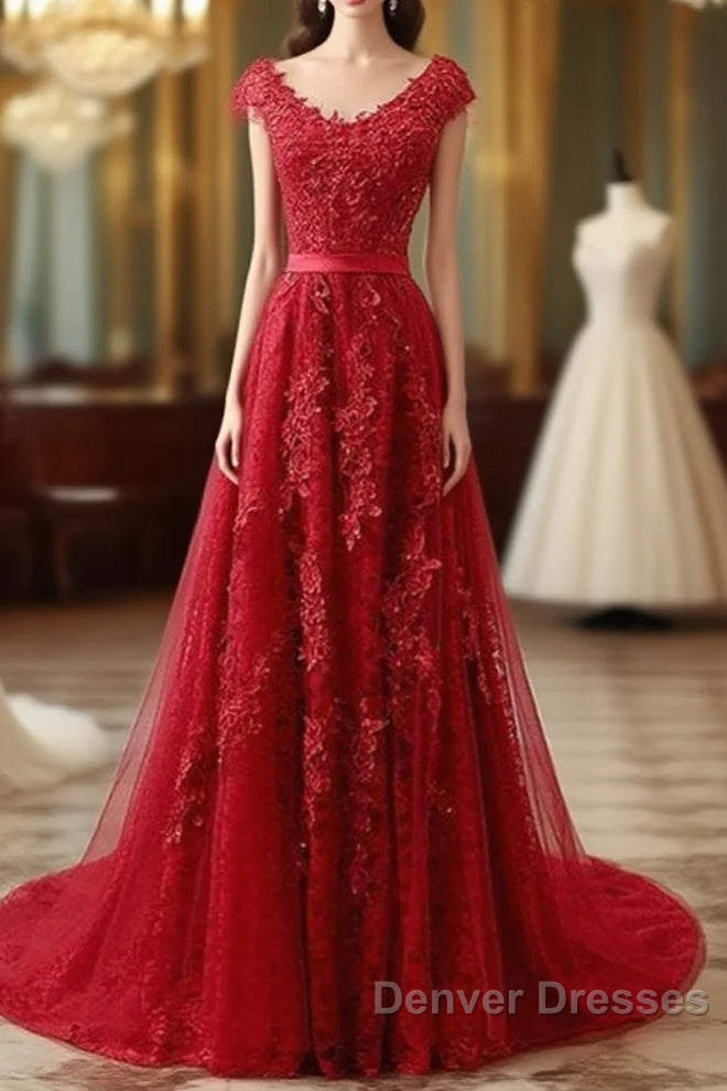 Red Lace Prom Dress Cap Sleeves Formal Dress, Evening Dress, Dance Dress Main image