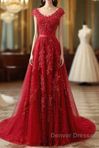 Red Lace Prom Dress Cap Sleeves Formal Dress, Evening Dress, Dance Dress