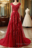 Red Lace Prom Dress Cap Sleeves Formal Dress, Evening Dress, Dance Dress