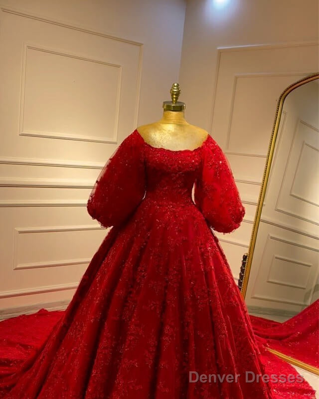 Red Lace Puffy Sleeve Ball Gown Dress Secondary image