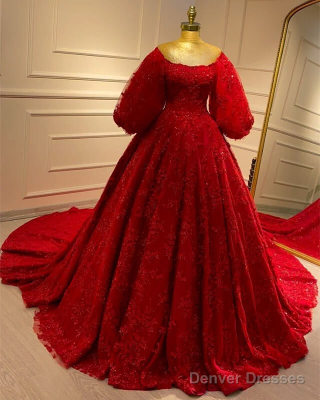 Red Lace Puffy Sleeve Ball Gown Dress Main image