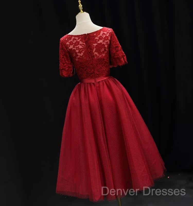 Red Lace Top Short Sleeves Tulle Tea Length Party Dress, Red Wedding Party Dress Homecoming Dress