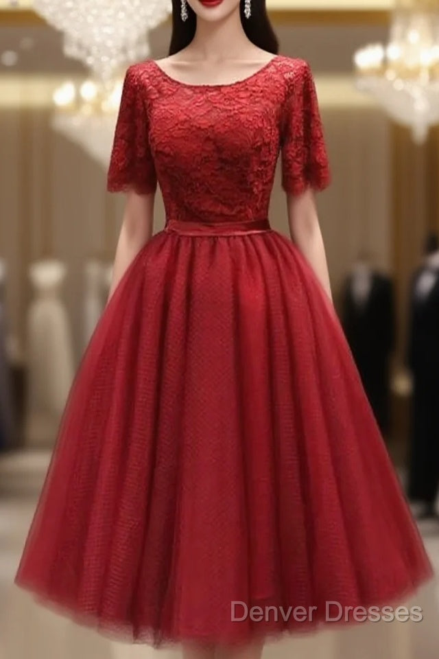 Red Lace Top Short Sleeves Tulle Tea Length Party Dress, Red Wedding Party Dress Homecoming Dress Main image