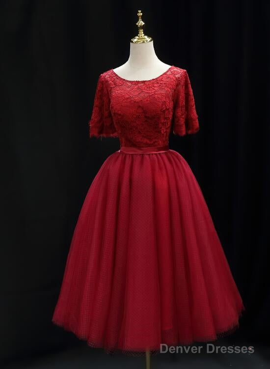Red Lace Top Short Sleeves Tulle Tea Length Party Dress, Red Wedding Party Dress Main image