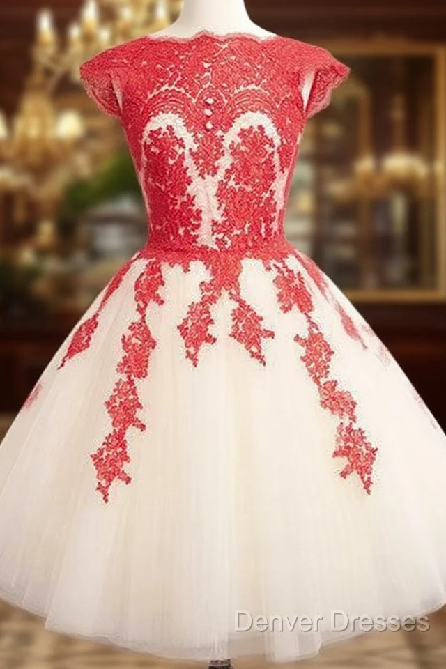 Red Lace Tulle Short Prom Dress, Homecoming Dress Main image