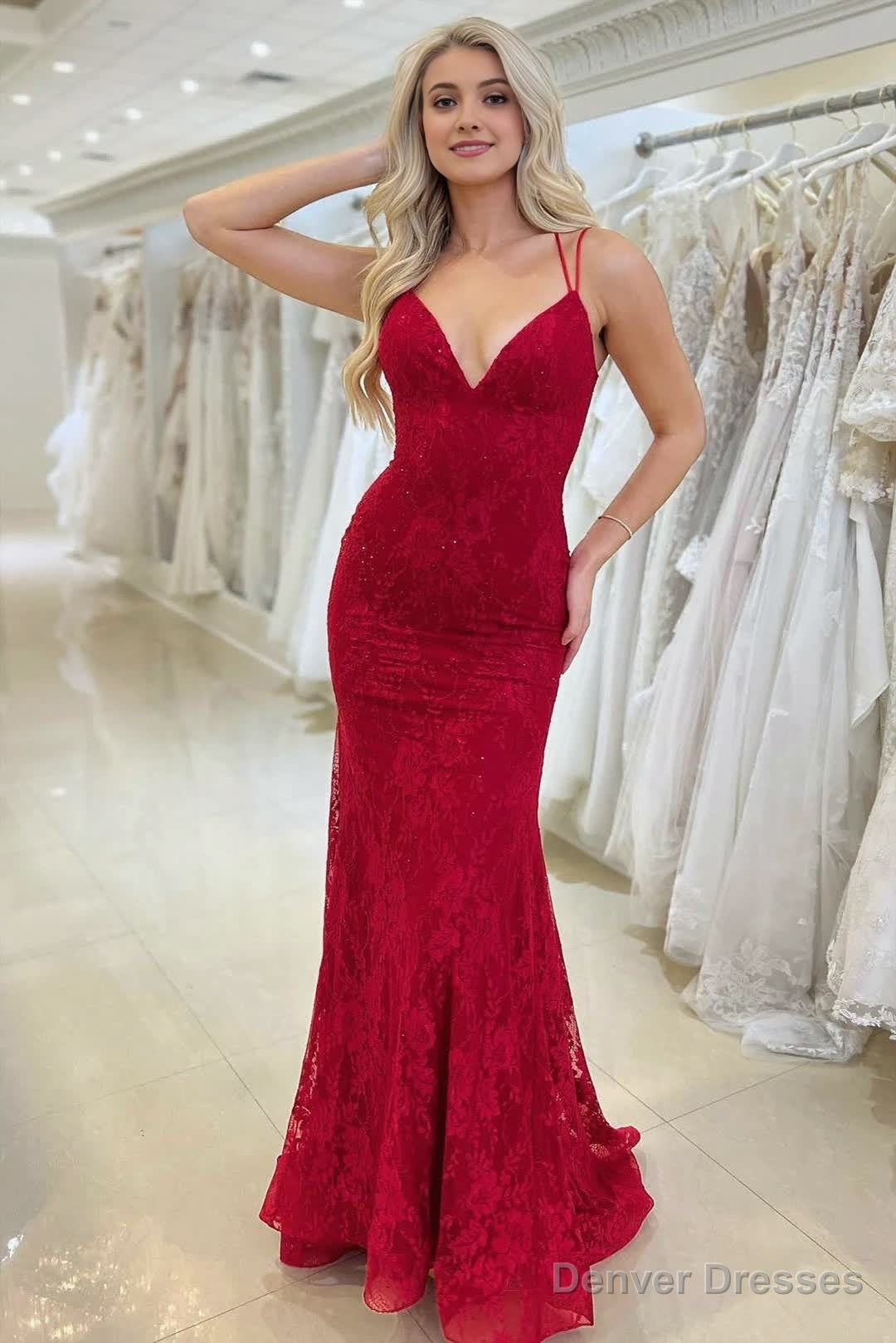 Red Lace V Neck Mermaid Prom Dress Main image