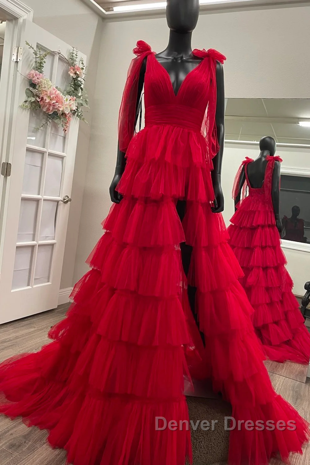 Red Long Prom Dress Princess A Line V Neck Party Evening Dress with Ruffles Secondary image