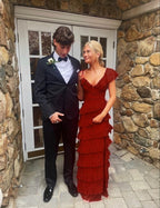 Long Red Prom Dress, Sexy Lace Evening Dress With Slit