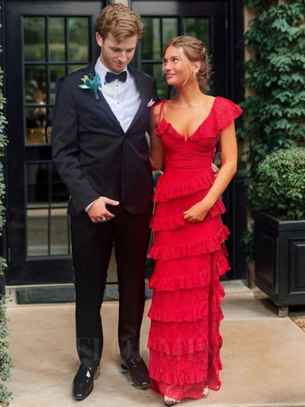 Long Red Prom Dress, Sexy Lace Evening Dress With Slit