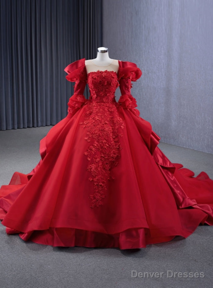 Red Long Sleeve Backless Appliques Prom Dress Main image
