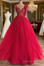 Red Long Sleeve V Neck Beading Flower Tulle Prom Formal Dress