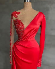 Red Long Sleeve V-Neck Mermaid Prom Dress Online With Beadings