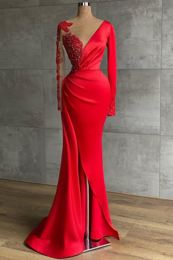 Red Long Sleeve V-Neck Mermaid Prom Dress Online With Beadings