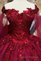 Red Long Sleeves 3D Flowers Quinceanera Dress Appliqued