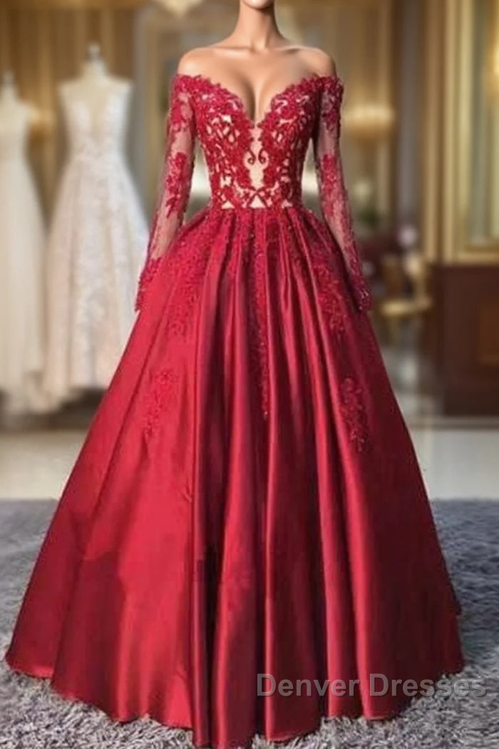Red Long Sleeves Lace Long Prom Dress, Red Evening Dress Main image