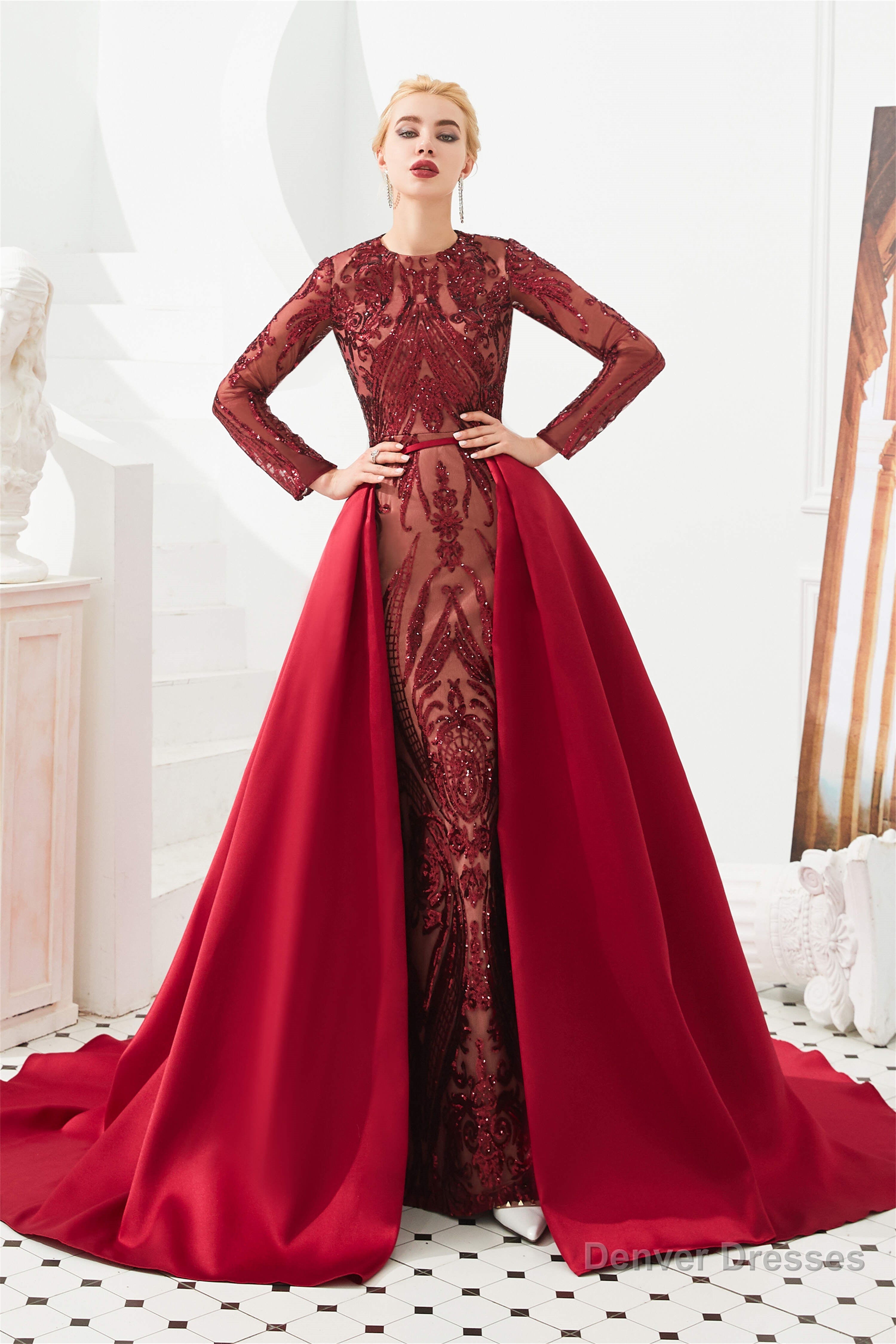 Long Sleeves Mermaid Detachable Train Prom Dresses with Train Sequined