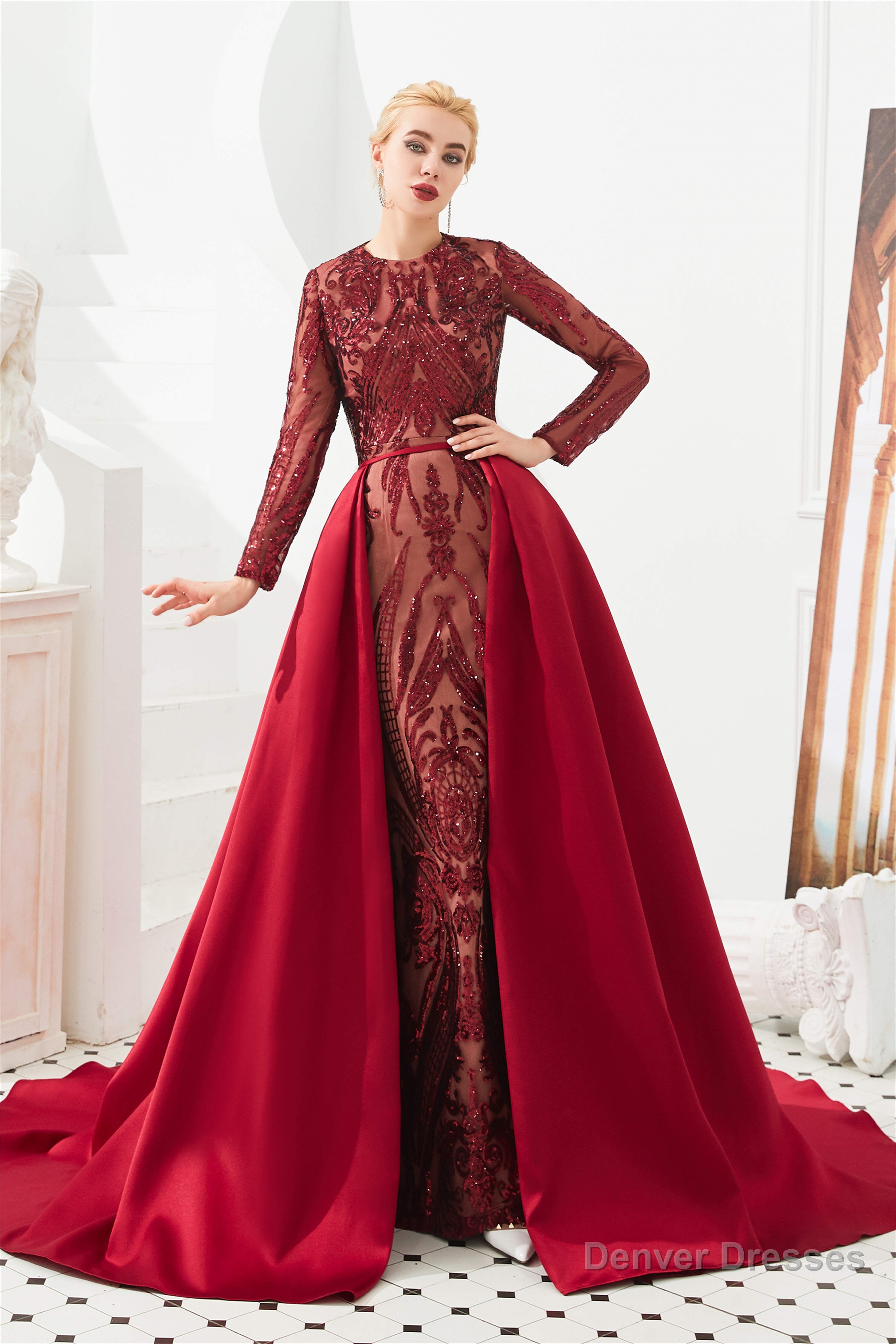 Long Sleeves Mermaid Detachable Train Prom Dresses with Train Sequined