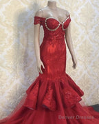 Red Mermaid Appliques Prom Dresses Off Shoulder
