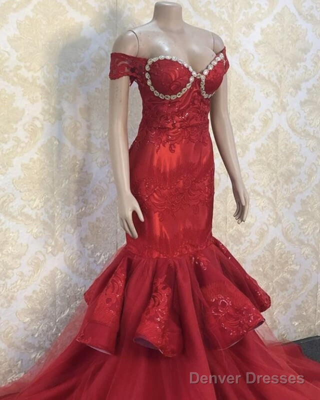Red Mermaid Appliques Prom Dresses Off Shoulder