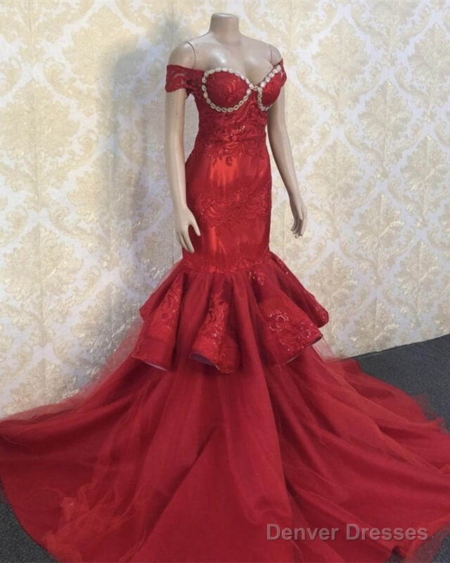 Red Mermaid Appliques Prom Dresses Off Shoulder