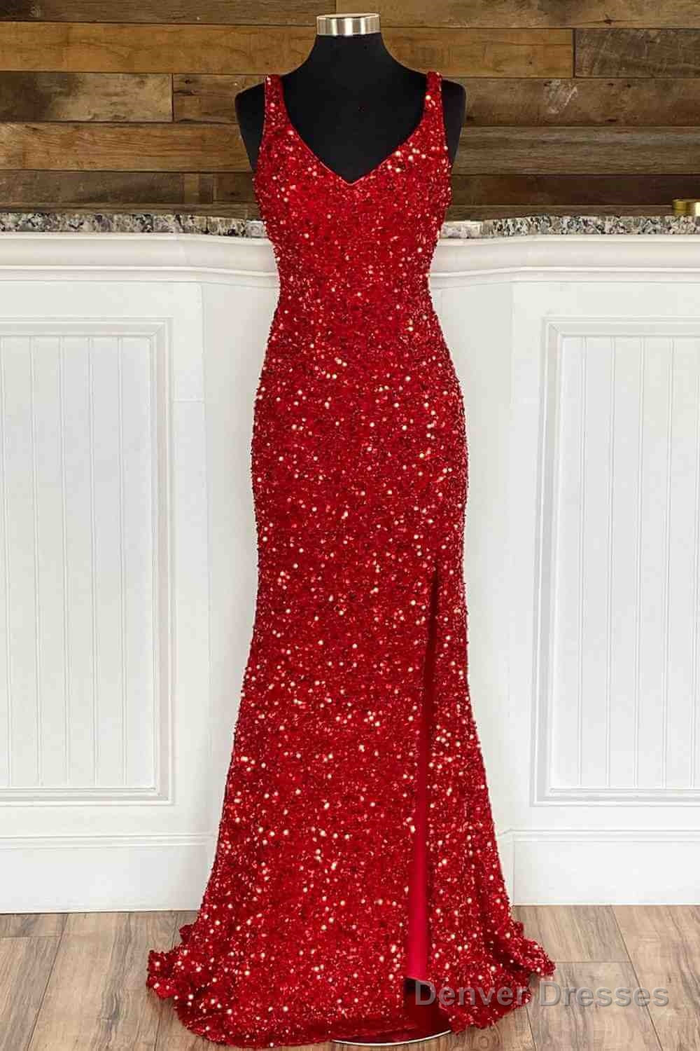 Red Mermaid Cheap Long Prom Gowns Side Slit V-Neck Formal Evening Dress Main image