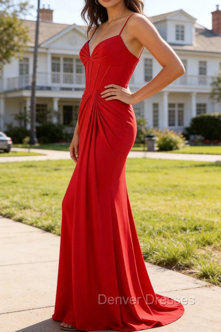 Red Mermaid Corset Spaghetti Straps Ruched Satin Long Prom Dress Secondary image