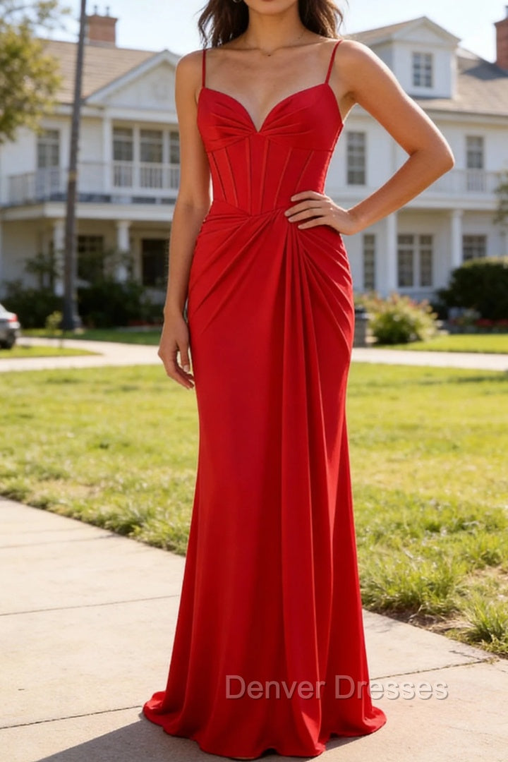 Red Mermaid Corset Spaghetti Straps Ruched Satin Long Prom Dress Main image