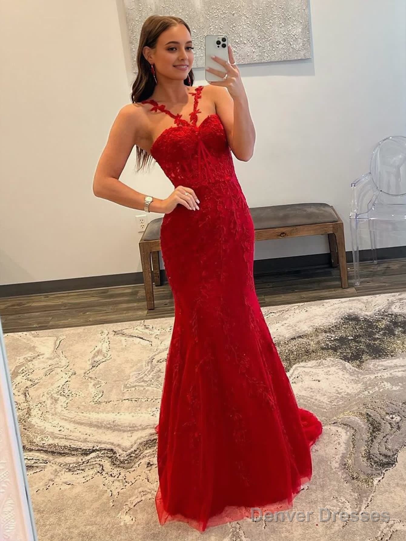 Red Mermaid Halter Lace Mermaid Long Prom Dress Main image