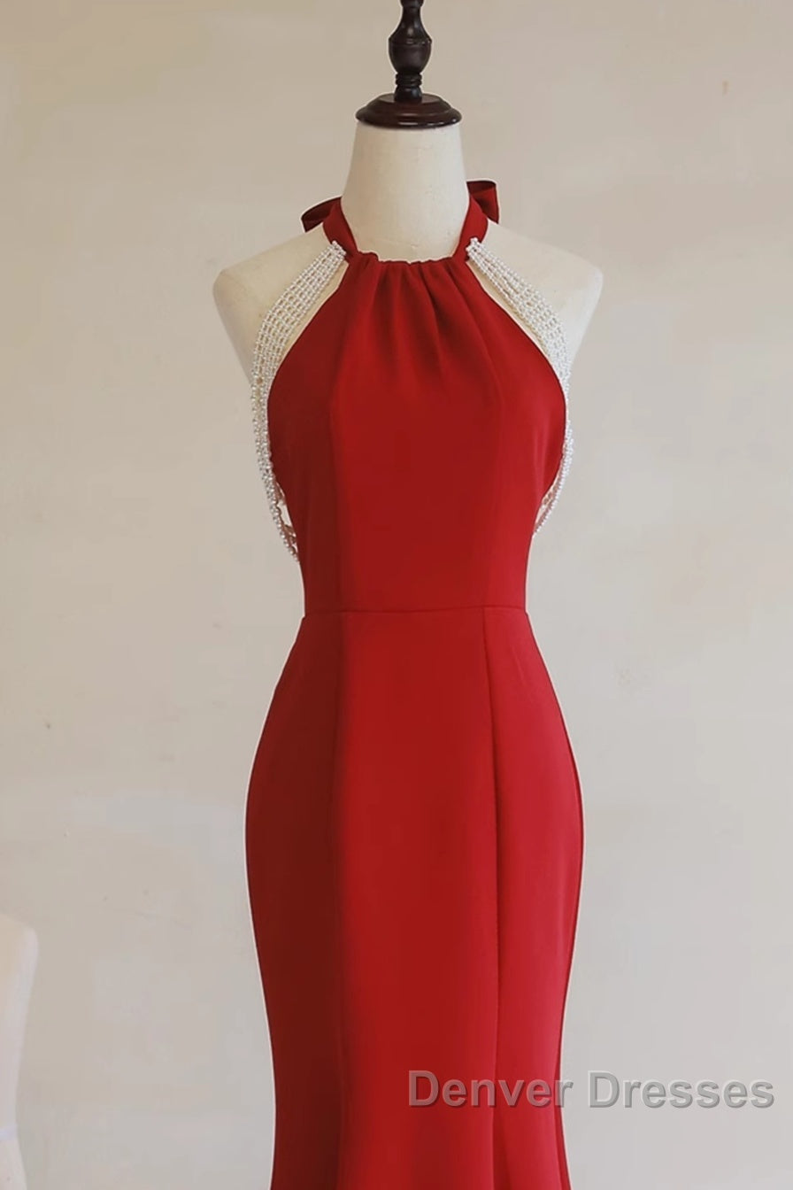 Red Mermaid Halter Long Evening Dress, Red Backless Formal Dress Prom Dress Secondary image